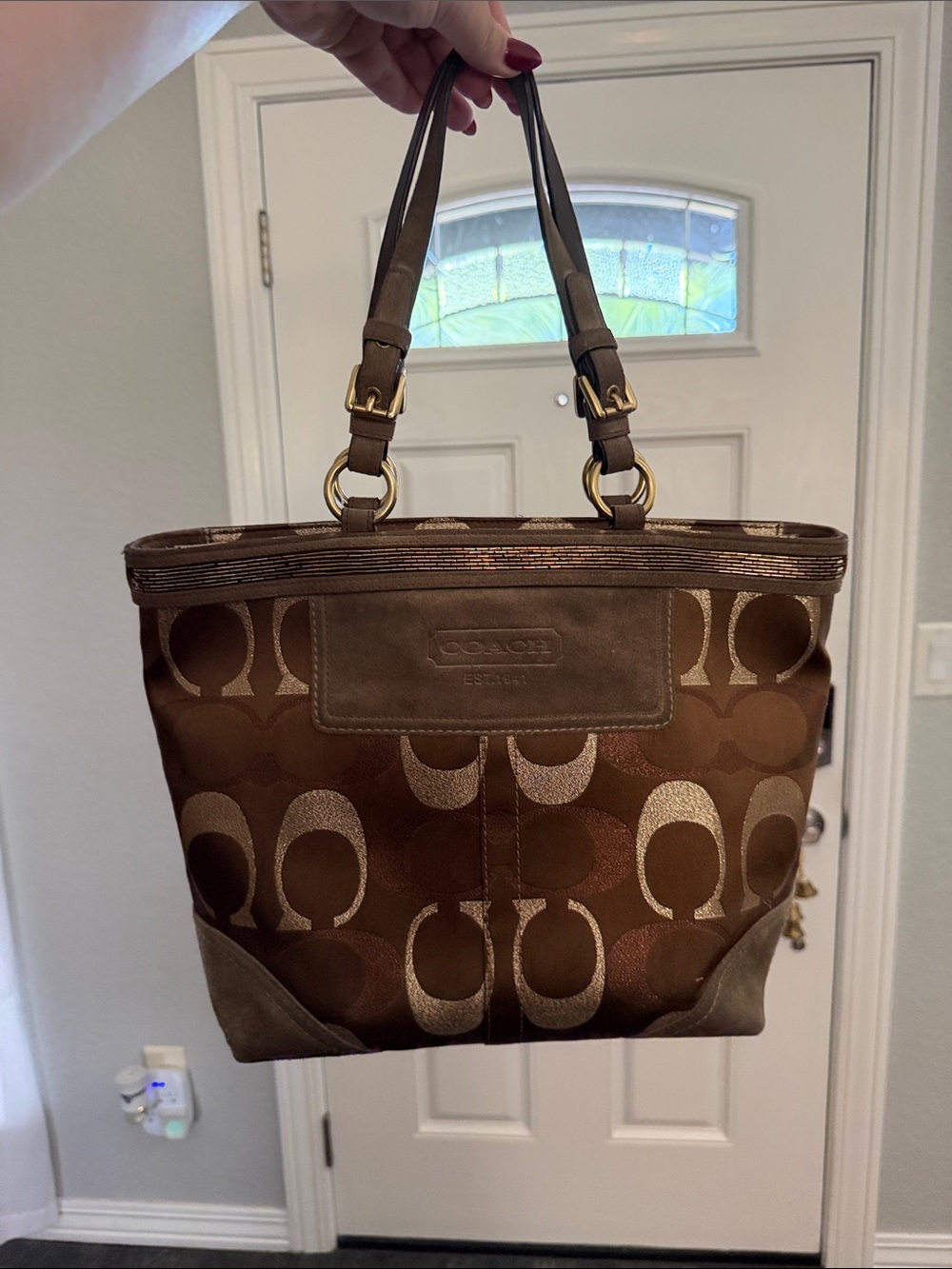 Coach Brown Signature Jacquard Tote with Leather and beaded Trim